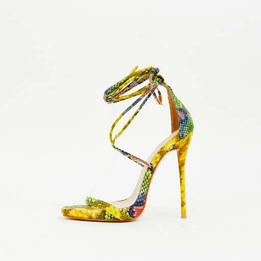 Simmi London Shania Yellow Snakeskin Ankle Tie Heeled Sandal